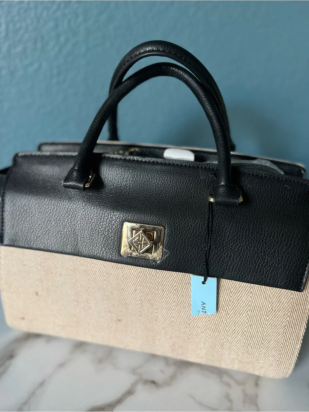 New With Tags ANTONIO MELANI Black & Cream Structured Top-Handle Satchel